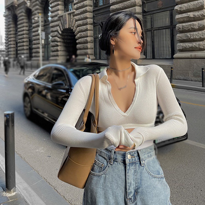 Áo Dệt Kim Tay Dài Cổ Chữ V Hở Lưng Màu Sắc Đơn Giản Phong Cách Retro Dành Cho Nữ