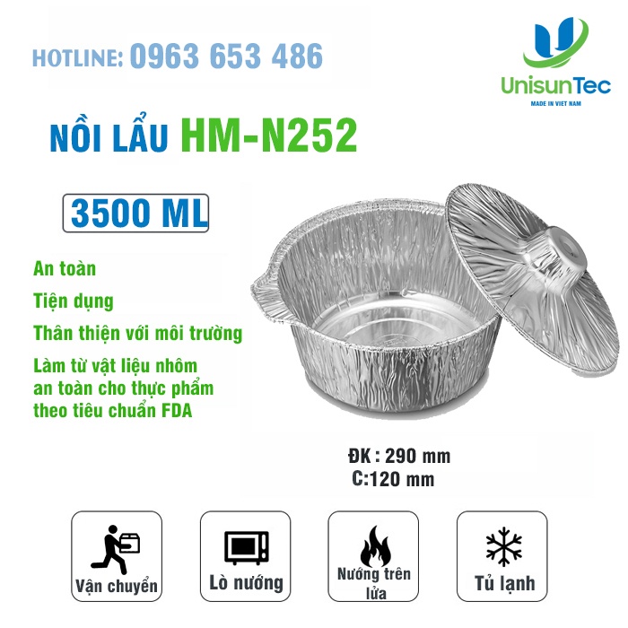 Set 5 chiếc nồi lẩu nhôm dùng 1 lần tiện dụng dung tích 2130ml HM-N252