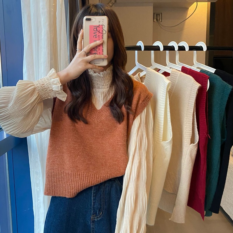 Set Áo Voan Cổ Lọ Tay Phồng Và Áo Len Không Tay Dáng Rộng Cổ Chữ V Phong Cách Hàn Quốc