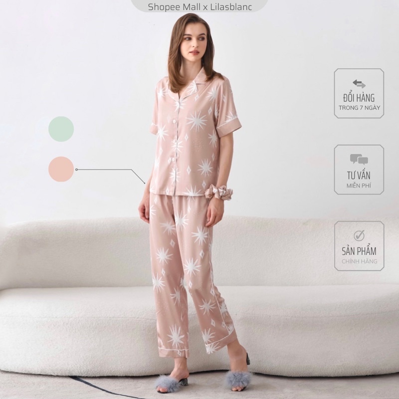 Bộ Đồ Pyjama Nữ LILAS BLANC Lụa Mịn Cao Cấp Tay Cộc Quần Dài Phối Viền UNI01