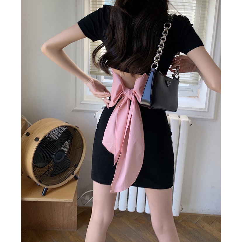 Váy Đầm Sơmi Cổ Trụ Đen Hồng phối Nơ Lưng - D2039