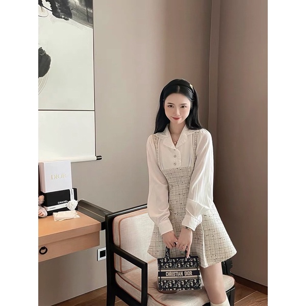 Váy Trắng Pha Cổ Sơ Mi Bèo, Váy Dáng A Siêu Xinh