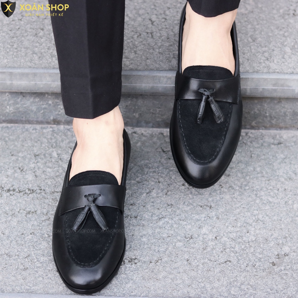 Giày Lười Nam Da Lì Kết Hợp Da Lộn Và Chuông, Đế Cao Su Khâu Chắc Chắn - Mã G014