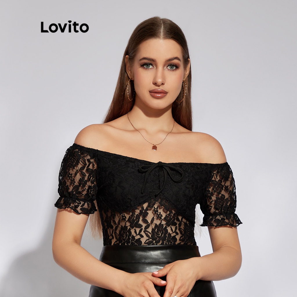 Áo thun nữ Lovito dây chuyền trơn gợi cảm Frill Sheer Tie L33LD090 (Đen)