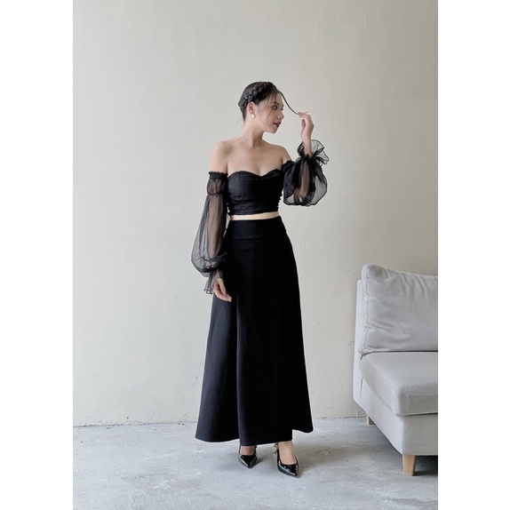 Chân váy dài Lalin- xếp ly dáng dài trắng đen