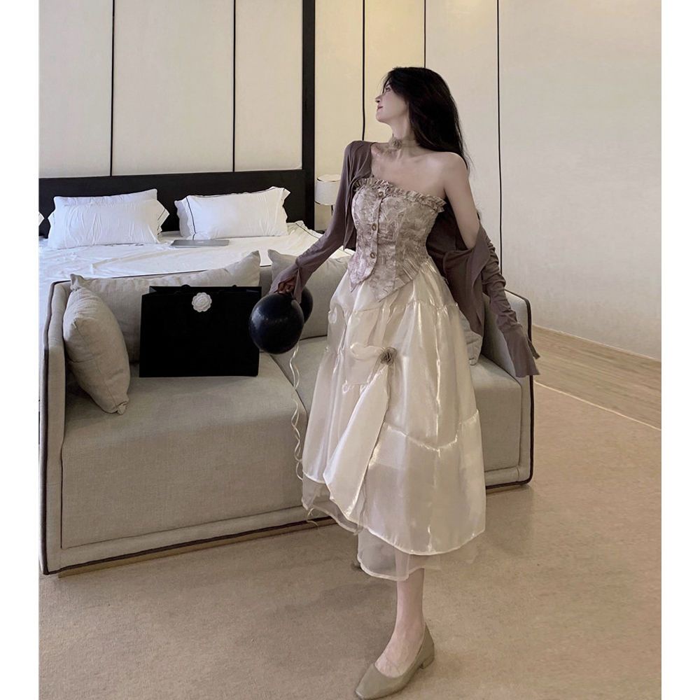 Đầm Ống Lửng Phối Lưới Màu Trơn Phong Cách Pháp Thời Trang Mùa Hè Cho Nữ