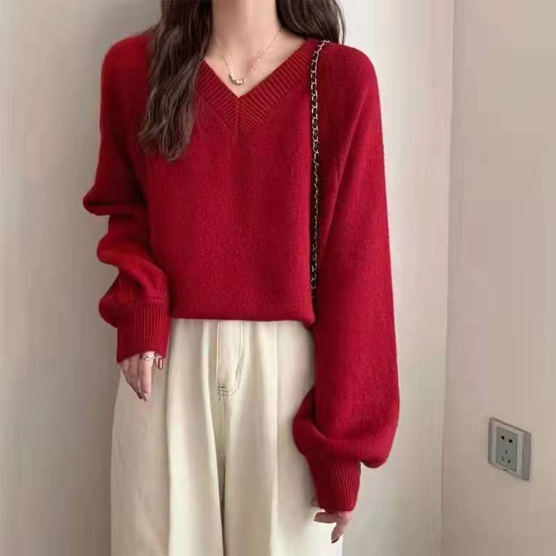 SUXI Áo Sweater Dệt Kim Tay Phồng Cổ Chữ V Màu Sắc Đơn Giản Phong Cách Vintage Hàn Quốc
