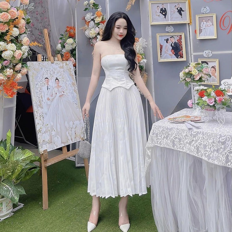 Sét Áo Cúp Ngực Chiết Eo Mix Chân Váy Dập Ly SB2080- Lolla_Fashion