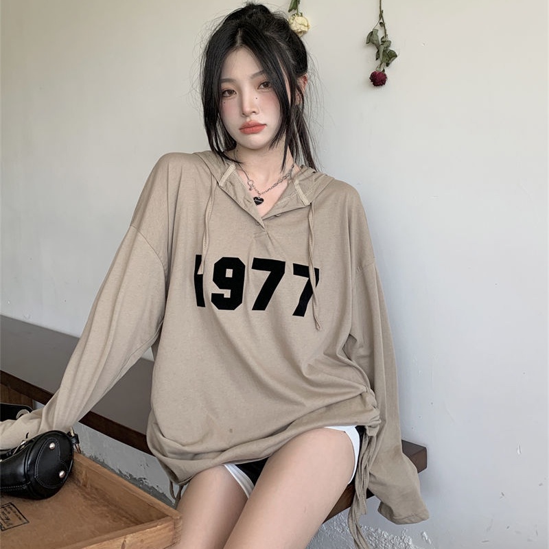 Áo Hoodie Dài Tay Dáng Rộng Phong Cách retro Mỹ Cho Nữ Cỡ Lớn