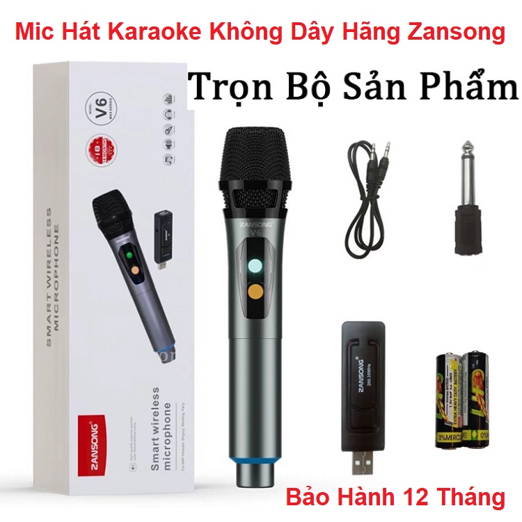 Micro Không Dây Đa Năng, Cắm Cổng 3.5 Và 6 mm, Mic Chính Hãng Zansong V6, Dùng Cho Loa Kéo - Amply - Soundcard - Mixer