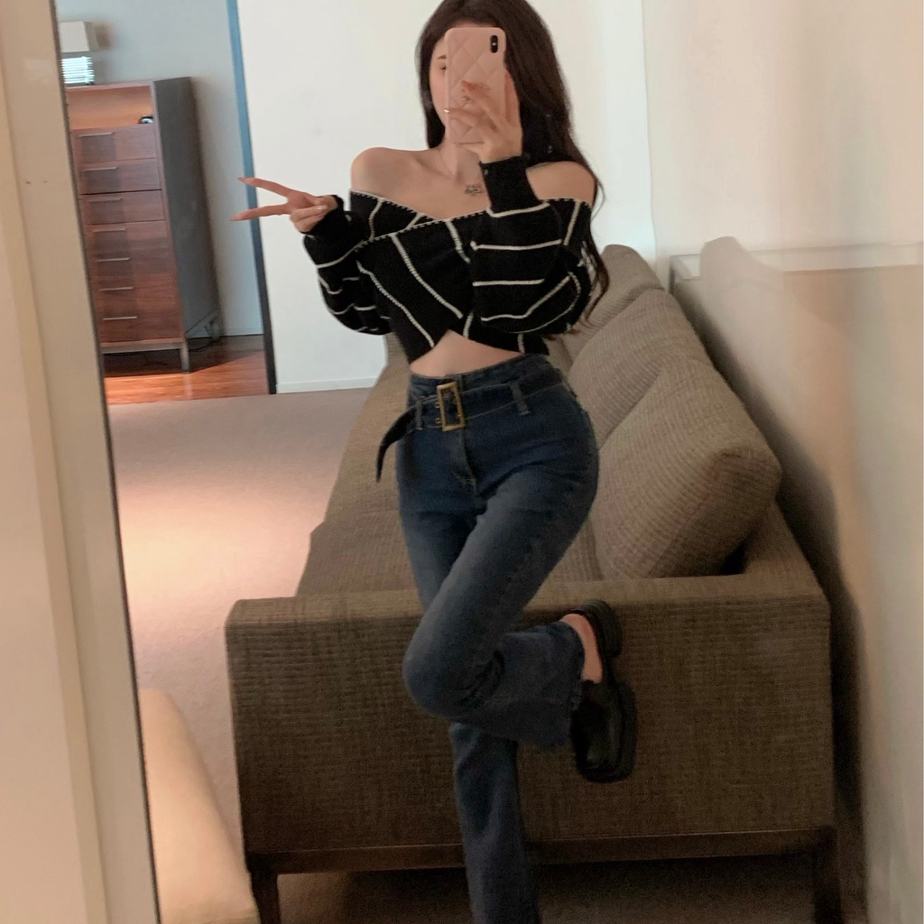 QADCOL  Áo sweater Dệt Kim Trễ Vai Dáng Ngắn Thời Trang Mùa Thu Quyến Rũ Cho Nữ