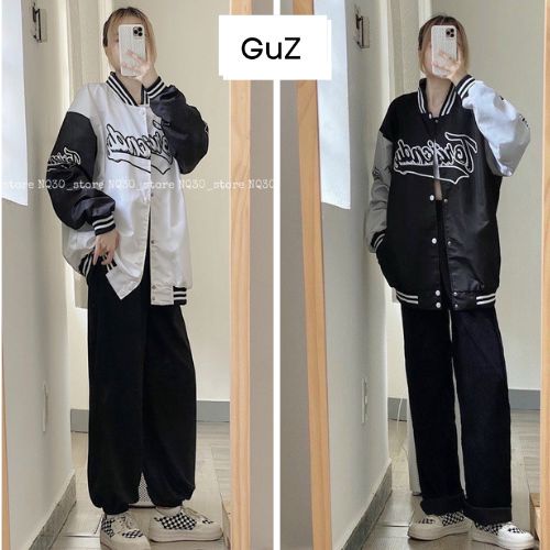 Áo khoác bomber VER cúc bấm dáng suông rộng unisex chất kaki mềm màu đen và trắng dễ phối đồ GUZ