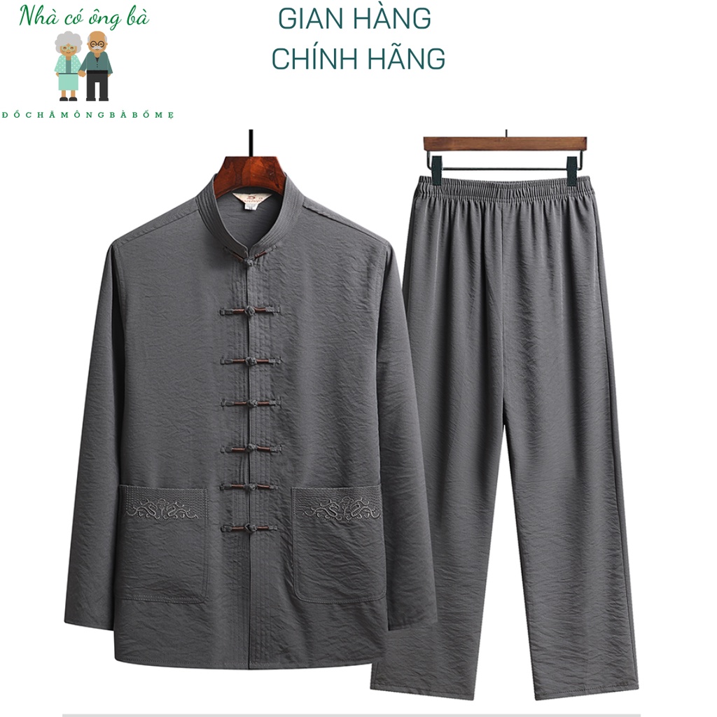 (Loại) Bộ quần áo dài cổ tàu chất đũi cho ông, quần áo trung niên, bộ quần áo người già