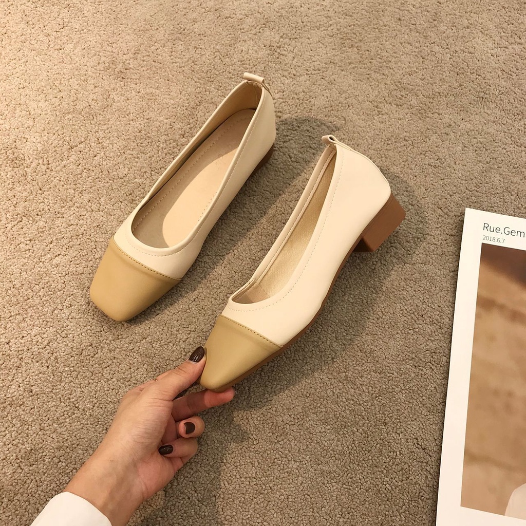 Giày Búp Bê Gót Thấp Mũi Vuông Bằng Da Mềm Thời Trang Mùa Hè Cho Nữ
