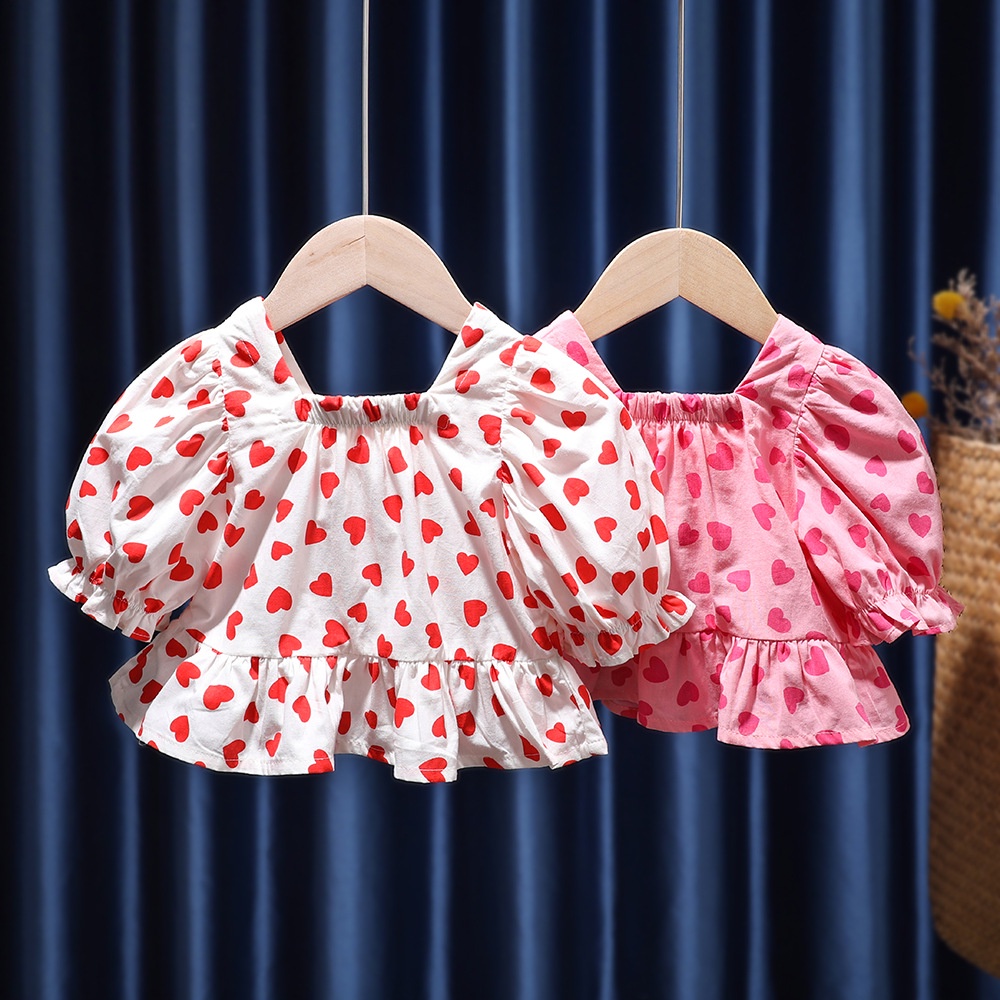 Áo Thun Cotton Tay Phồng In Họa Tiết Trái Tim Phong Cách Hàn Quốc Thời Trang Mùa Hè Cho Bé Gái
