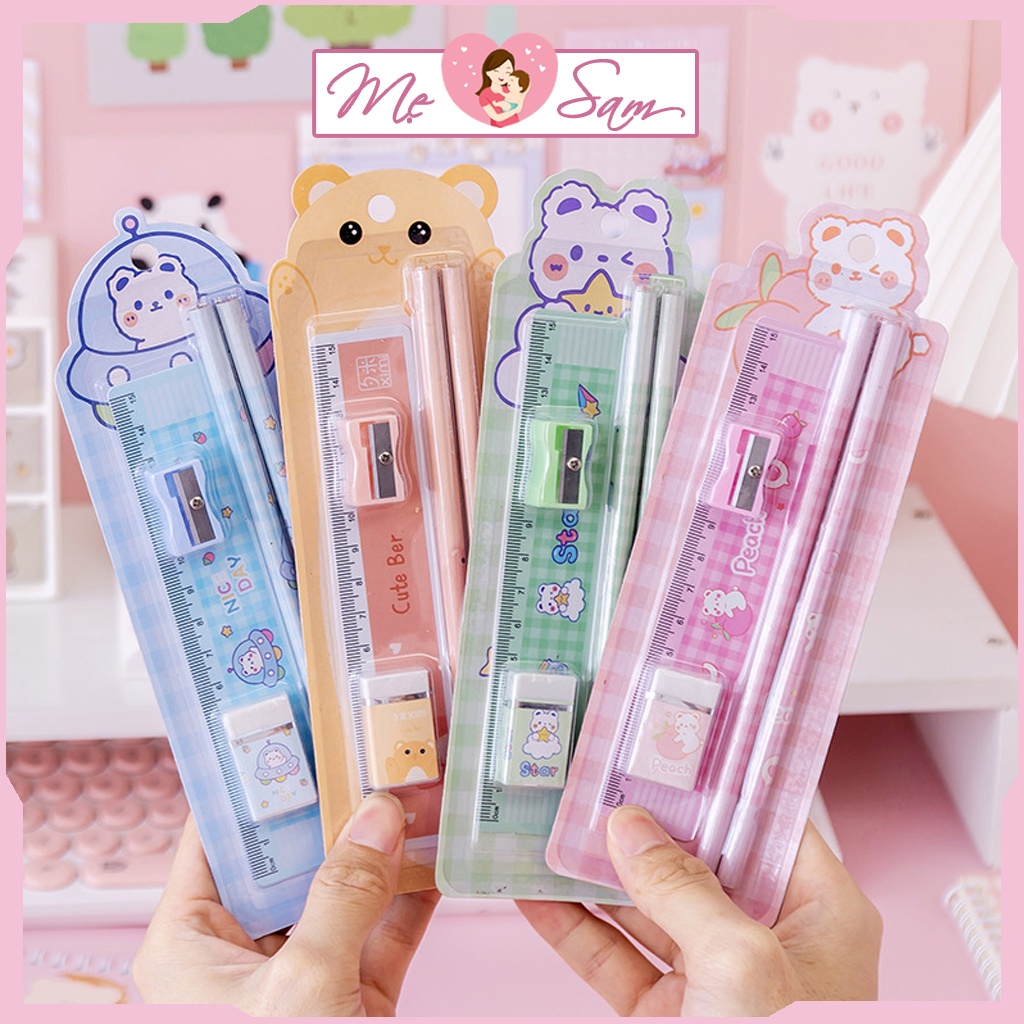Bộ 4 chi tiết bút chì, thước kẻ, gọt bút, tẩy siêu tiện lợi xinh xắn cho bé Shop Mẹ Sam