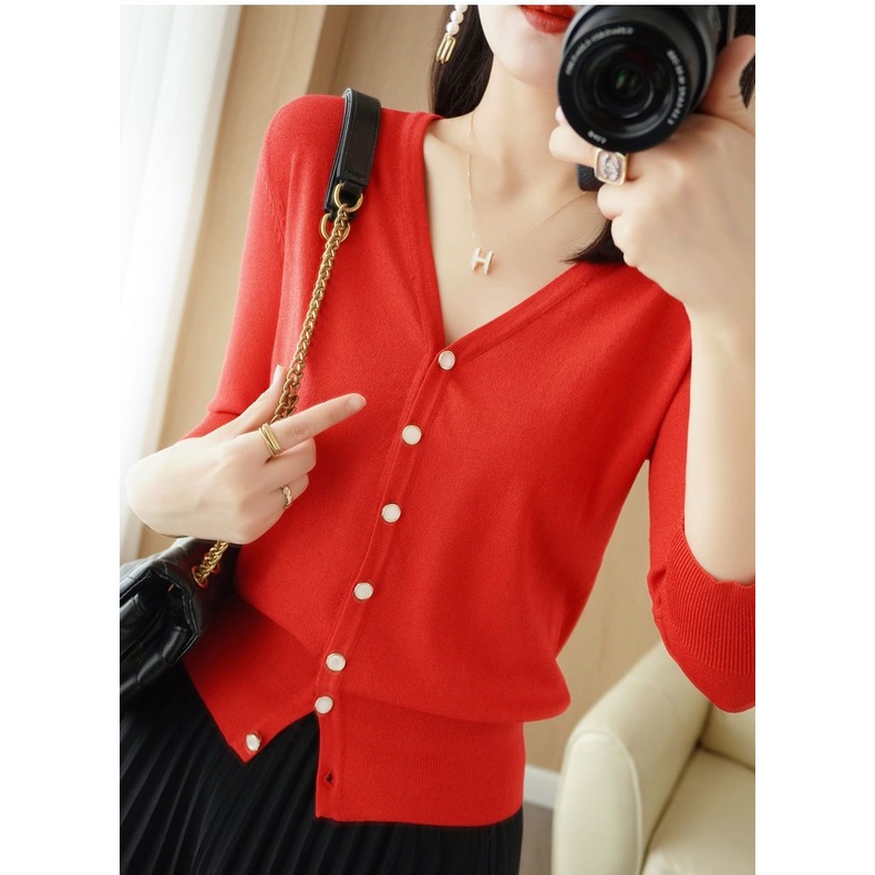 Áo Khoác Cardigan Lụa Lạnh Mỏng Tay Lửng Cổ V Thời Trang Mùa Hè Cho Nữ