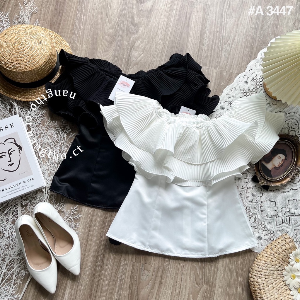 Áo bẹt vai trắng tầng dập ly xinh xắn dễ thương hot trend (ảnh thật do shop chụp) 3447