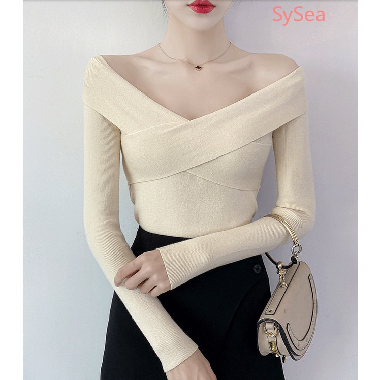 Áo Croptop Dệt Kim Cổ Chữ V Màu Sắc Đơn Giản Quyến Rũ Cho Nữ