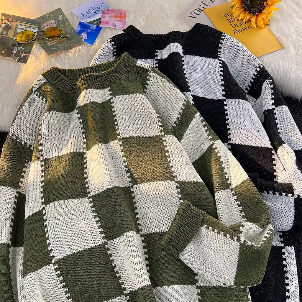 Áo Sweater Tay Dài Cổ Tròn Dáng Rộng Sọc Ca Rô Thời Trang Mùa Thu 2022 Trẻ Trung Cho Nam