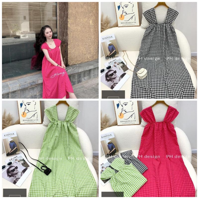 Váy kẻ caro tay hến dáng dài chun ngực siêu mát