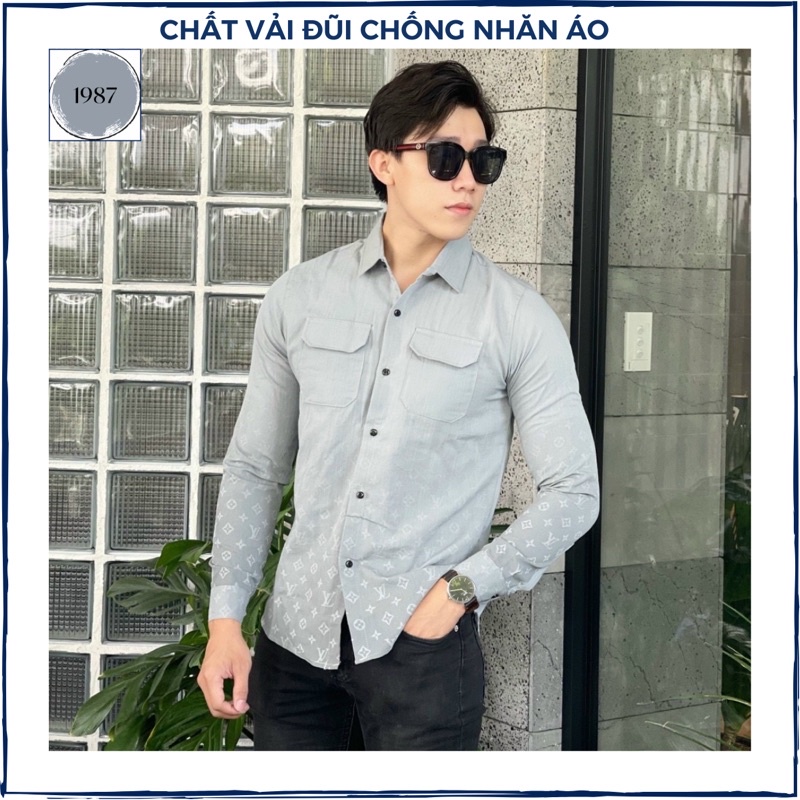 Áo sơ mi nam tay dài vải đũi cao cấp in hoạ tiết LV form ôm body, áo sơmi nam trung niên văn phòng quà tặng bạn trai