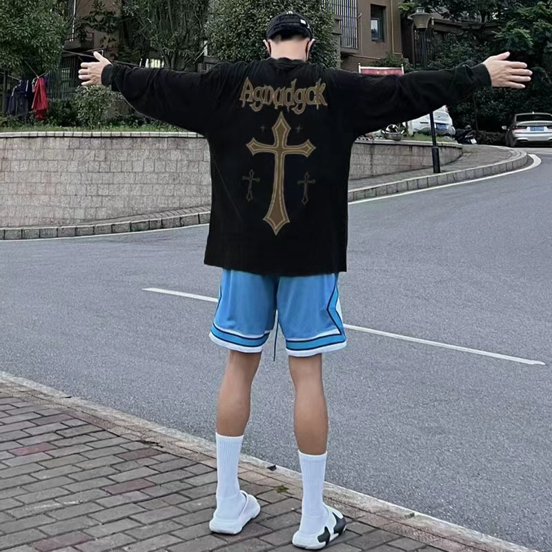 Áo thun ZHELIHANGFEI tay ngắn dáng rộng họa tiết thêu chữ thập độc đáo hợp thời trang