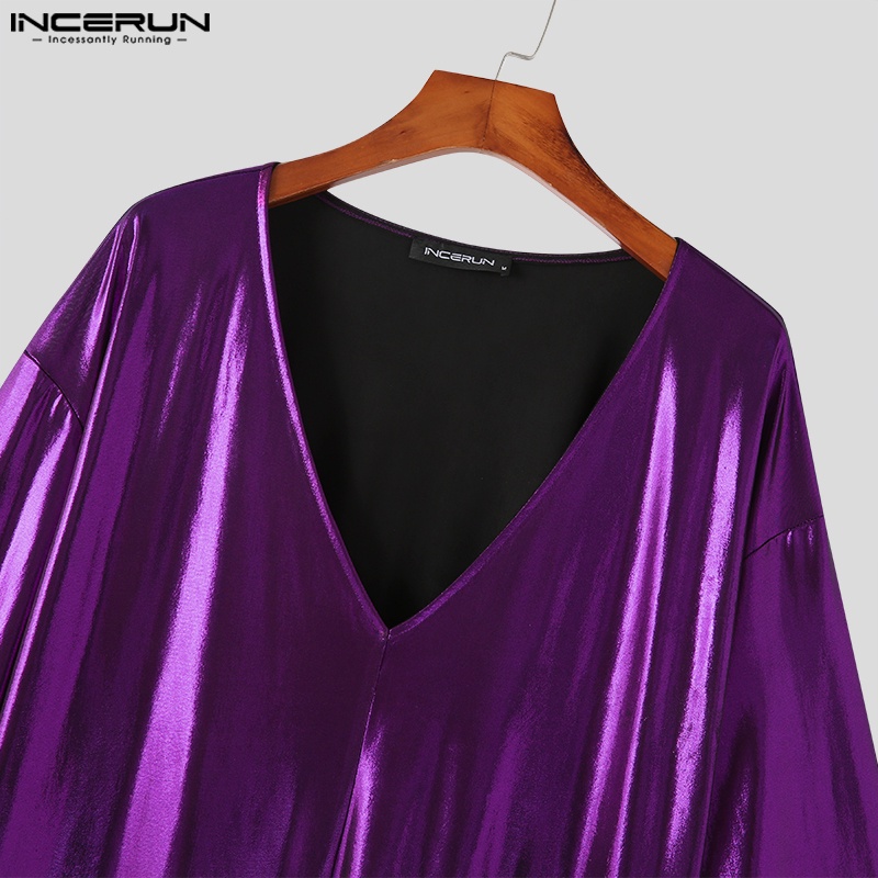 Áo thun INCERUN dài tay cổ chữ v màu sáng bóng thời trang cho nam