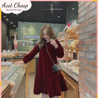 Váy babydoll tay bồng chất nhung đuôi cá dáng rộng đỏ đen - Đầm công chúa nhung mịn cổ tròn bầu bí mặc đẹp