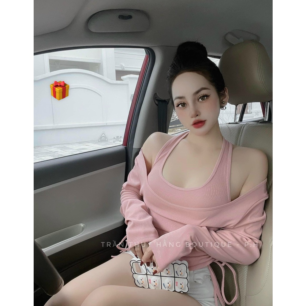 Sét áo yếm croptop trơn phối áo ngoài tay dài trễ vai rút dây 2 bên cực xinh , chất thun gân mềm mịn