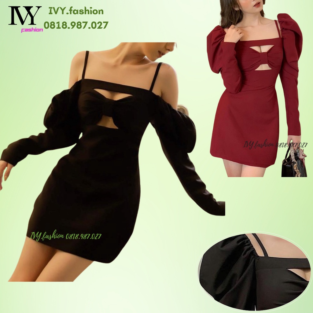 Đầm ôm body 🔥 cotton 2 lớp🔥 đen đỏ hai dây đính nơ ngực tay dài ivy.fashion đi biển dự tiệc dạo phố bigsize gợi cảm sexy