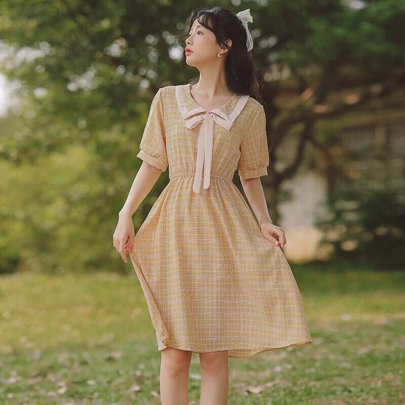 Đầm Dài Vừa Tay Ngắn Eo Cao Ôm Dáng Họa Tiết Kẻ Sọc Phong Cách Hàn Quốc Thời Trang Mùa Hè Mới Cho Nữ