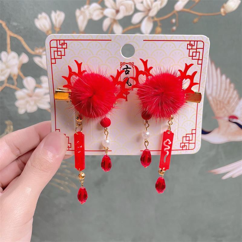 1 Cặp Kẹp Tóc Hình Nơ Tai Mèo Màu Đỏ / Hồng / Xanh Dương Kiểu Hán Phục Trung Hoa Dễ Thương Cho Bé Gái