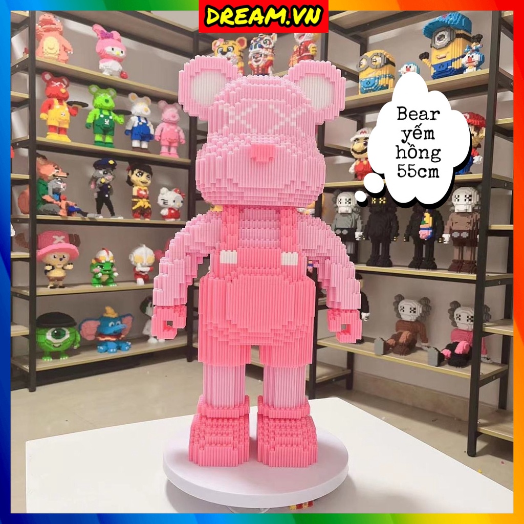 Lego gấu Bearbrick yếm hồng size khổng lồ, bộ lắp ráp gấu Bearbrick yếm hồng size 55cmN