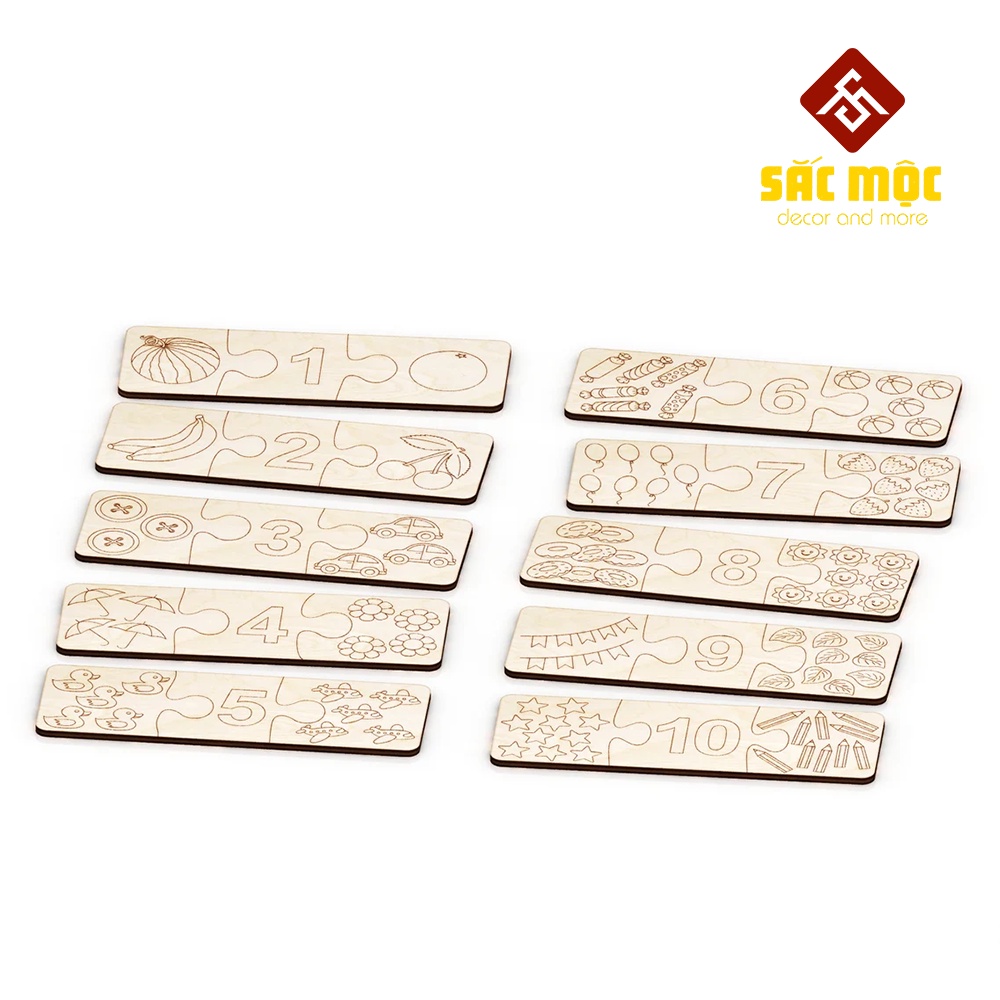 Thẻ Ghép Số Học Đếm #38 Bằng Gỗ từ 1 đến 10 | Thẻ Ghép Tô Màu Size 150*50*3mm