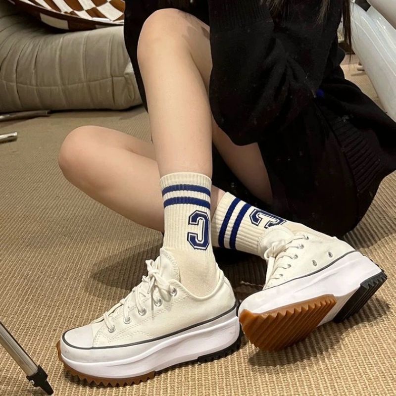 Set 10 Tất Thể Thao Họa Tiết Kẻ Sọc In Chữ C Màu Xanh NaVy Thời Trang Đường Phố Hàn Quốc