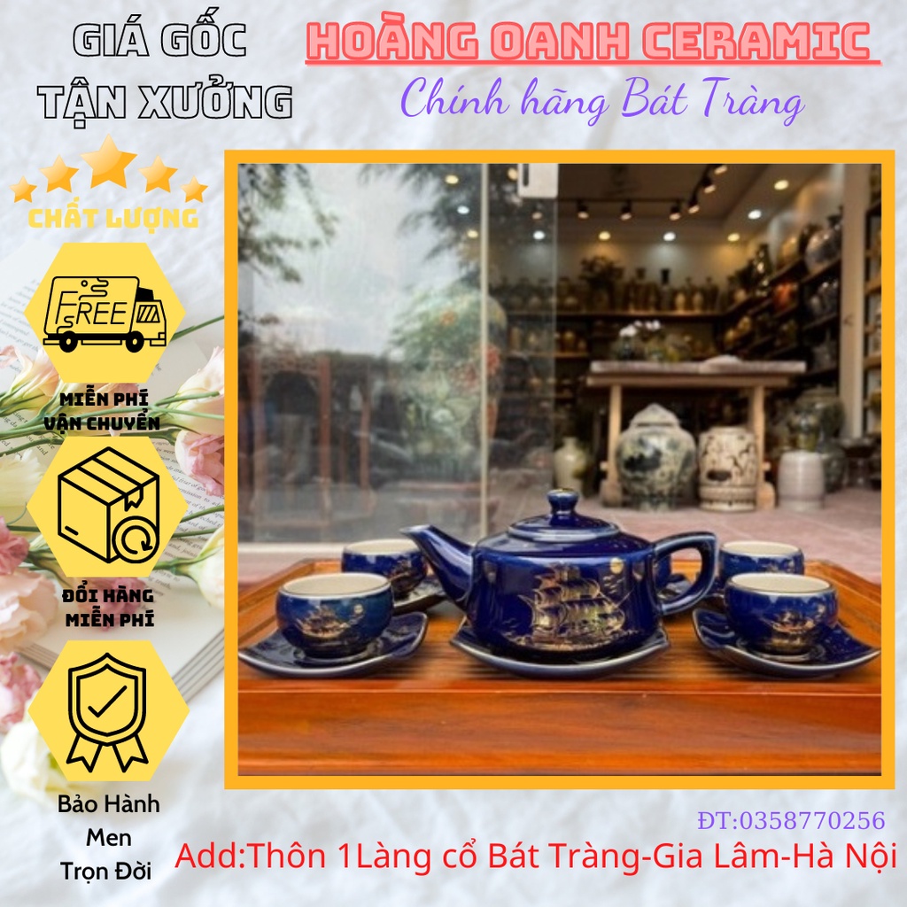 (CHỌN MẪU)Bộ Ấm Chén Pha Trà Bát Tràng-men Xanh Hoả Biến vẽ vàng kim Thuận Buồm Xuôi Gió,dáng ấm Tre