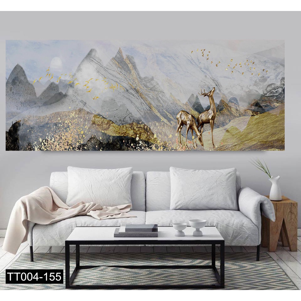 Tranh vải canvas không khung phong cảnh thiên nhiên và hươu tài lộc theo yêu cầu- 150 x 60 cm
