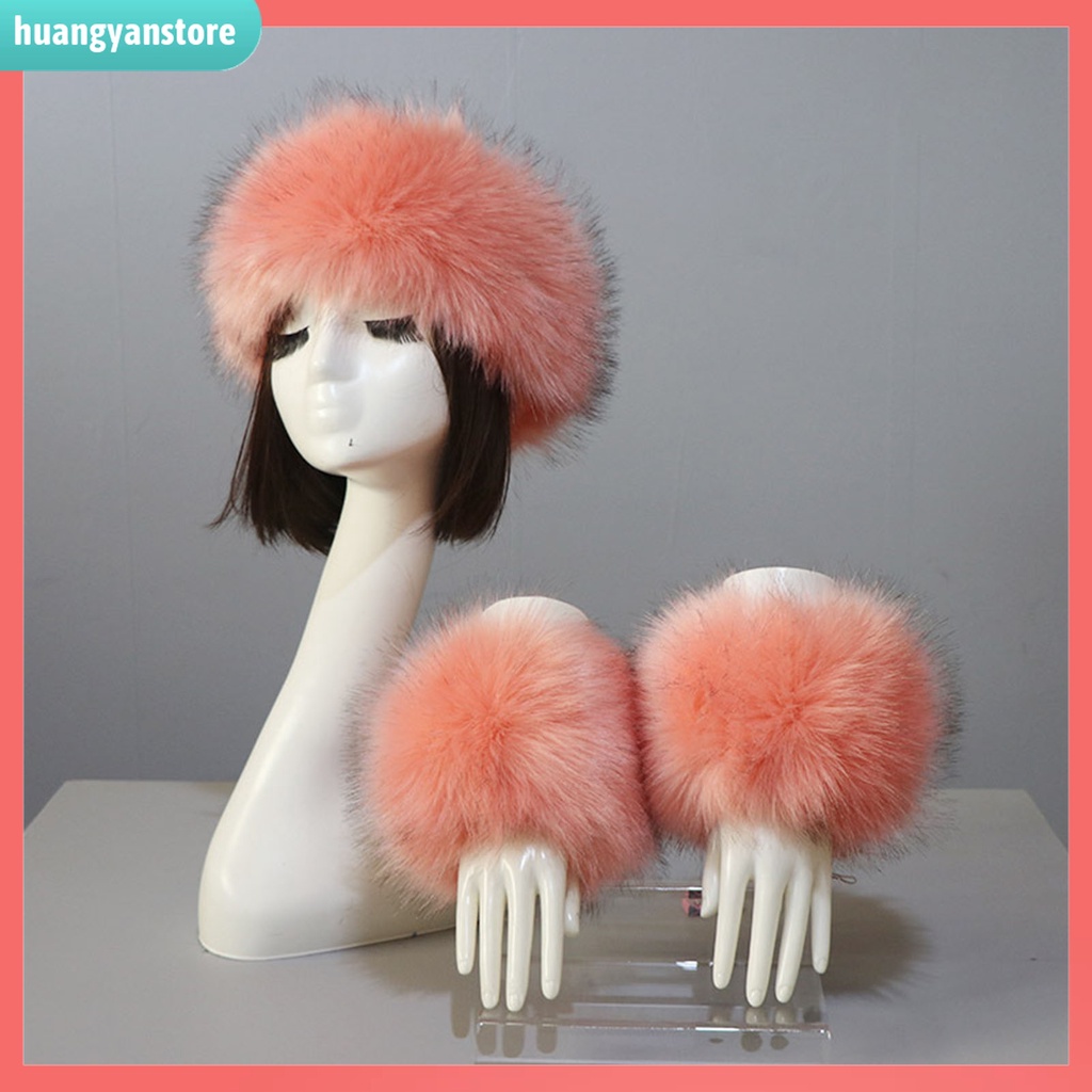 HY| 1 Set Băng Đô + Găng Tay Hở Ngón Phối Lông Giả Màu Sắc Trơn Thời Trang Cho Nữ