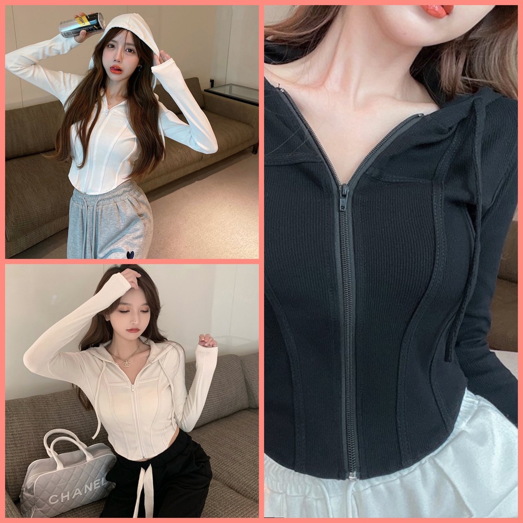 Áo Khoác Croptop Có Mũ Kéo Khóa Áo Khoác Nữ Dáng Ngắn Vạt Bầu Vải Thun Tăm Co Giãn Freesize