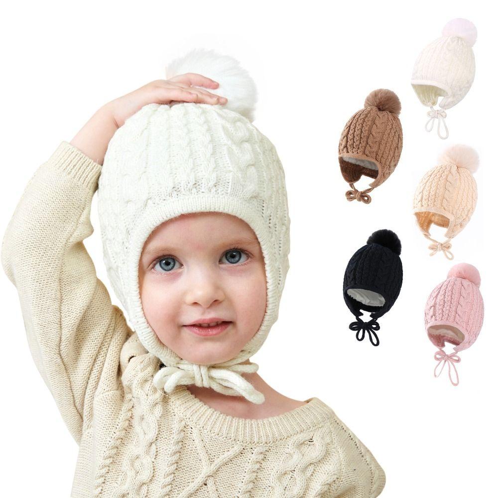 Mũ Beanie Màu Trơn Trang Trí Cục Bông Dễ Thương Cho Bé