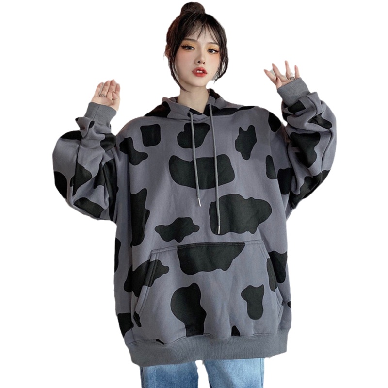 Áo Hoodie Dây Rút Tay Dài Dáng Rộng In Họa Tiết Bò Sữa Dễ Thương Phong Cách Harajuku Cho Nữ