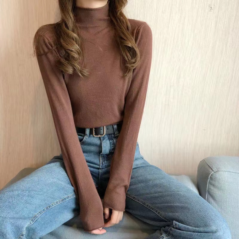 Áo sweater ZHELIHANGFEI tay dài cổ lọ dáng ôm thời trang xinh xắn cho nữ