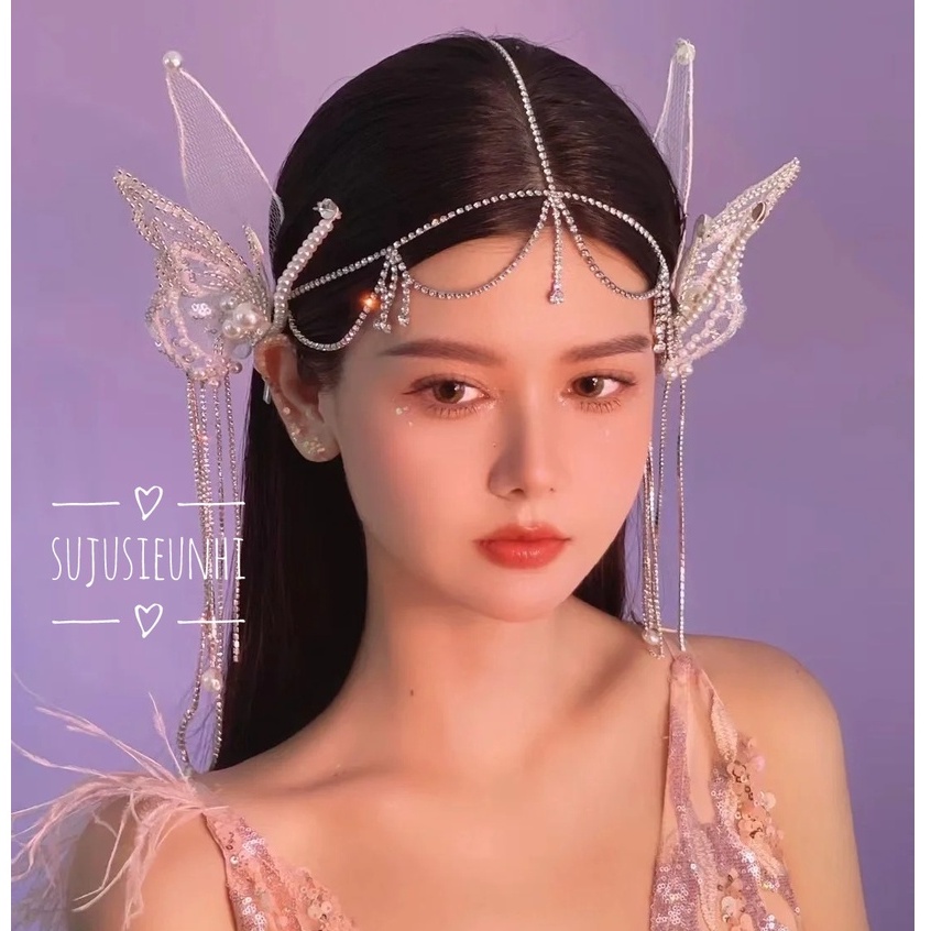 kẹp tóc hanmade hình cánh thiên thần bướm vải lưới đính đá dây tua rua chụp ảnh, dành cho cô dâu