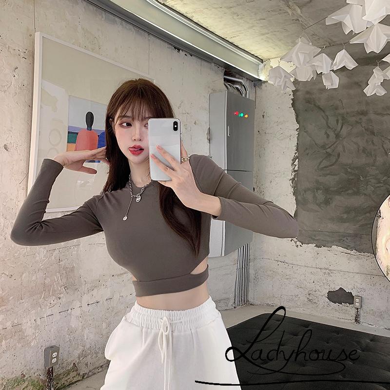 Áo Thun Crop Top Tay Dài Cổ Tròn Màu Trơn Khoét Eo Thời Trang Xuân Hè Cho Nữ