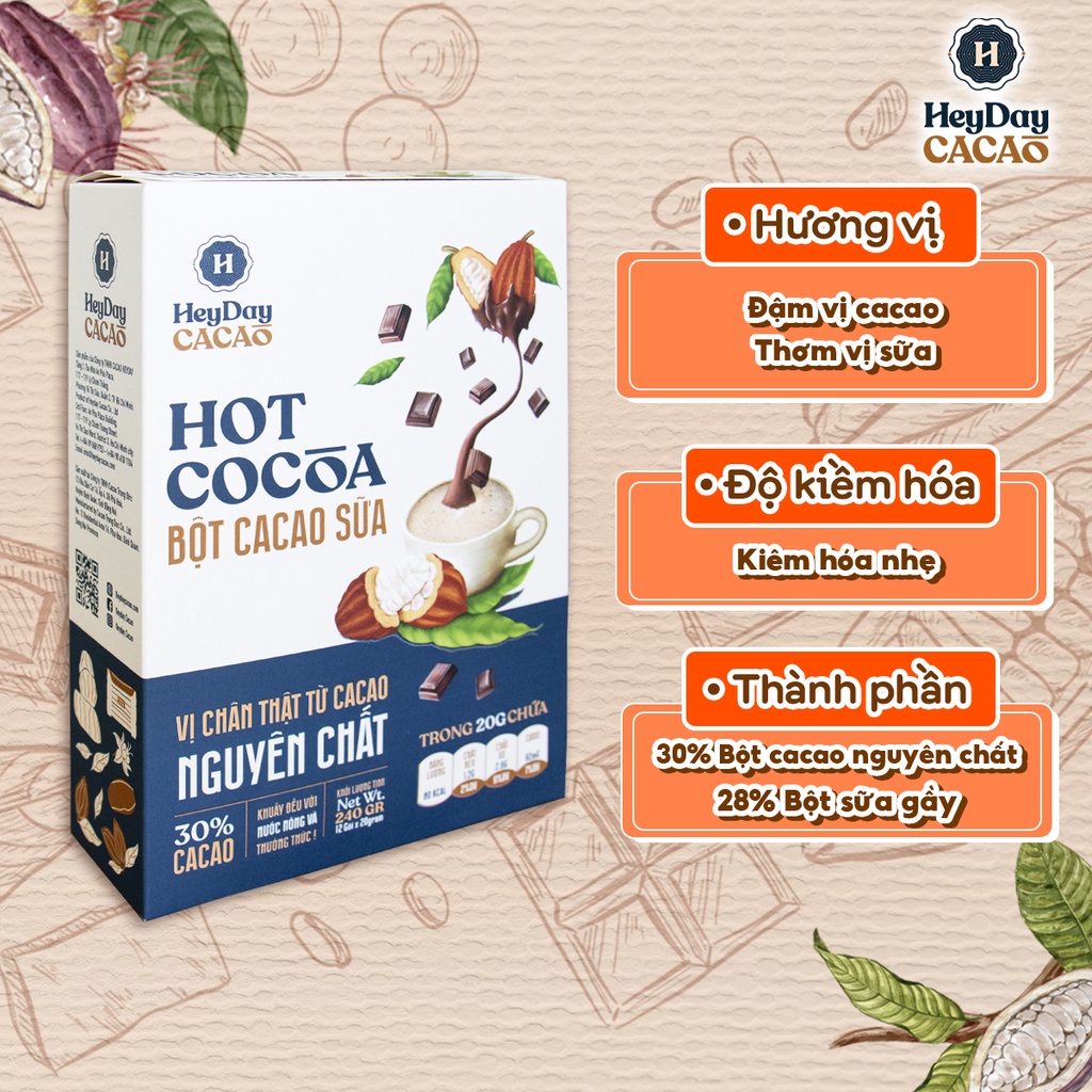 Bột Cacao Sữa Heyday - Đậm Vị Chân Thật Từ Cacao Nguyên Chất - Hộp Giấy 12 Gói x 20g