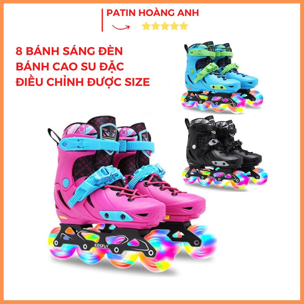 Giày trượt patin trẻ em, người lớn hãng Kingfly W198, 8 bánh sáng, bánh cao su đặc, điều chỉnh được size, tặng bảo hộ ct