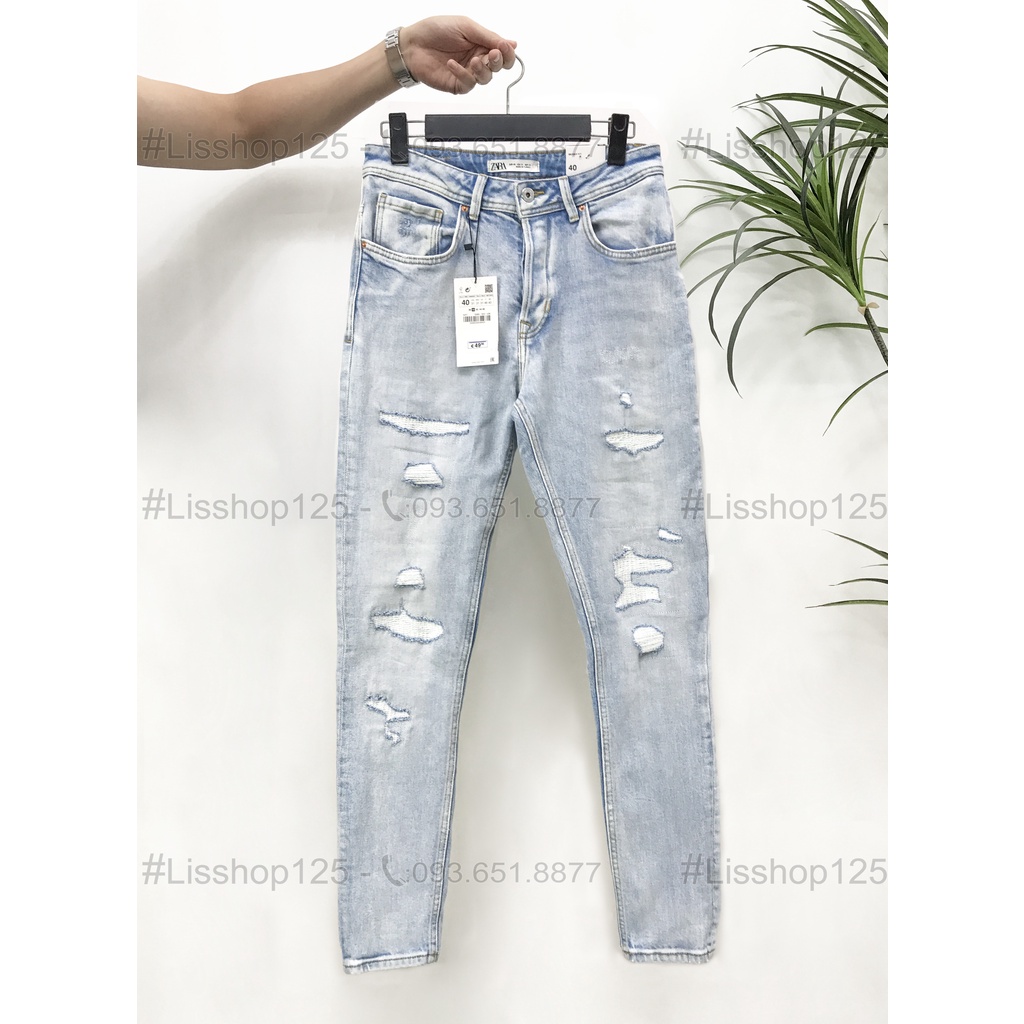 Quần Jeans Nam ZARA Authentic Xanh Sáng Rách Đáp Kín Không Hở Chân