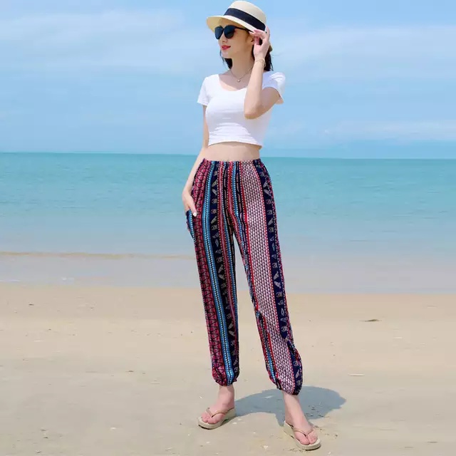 Quần dài nữ ✨Quần vải lanh hoa văn Alibaba thoáng mát dễ thương nhiều màu