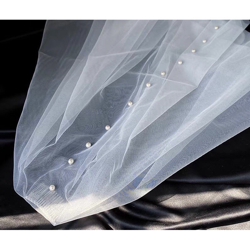 Voan 2 tầng đính hạt trai thẳng dài 95cm